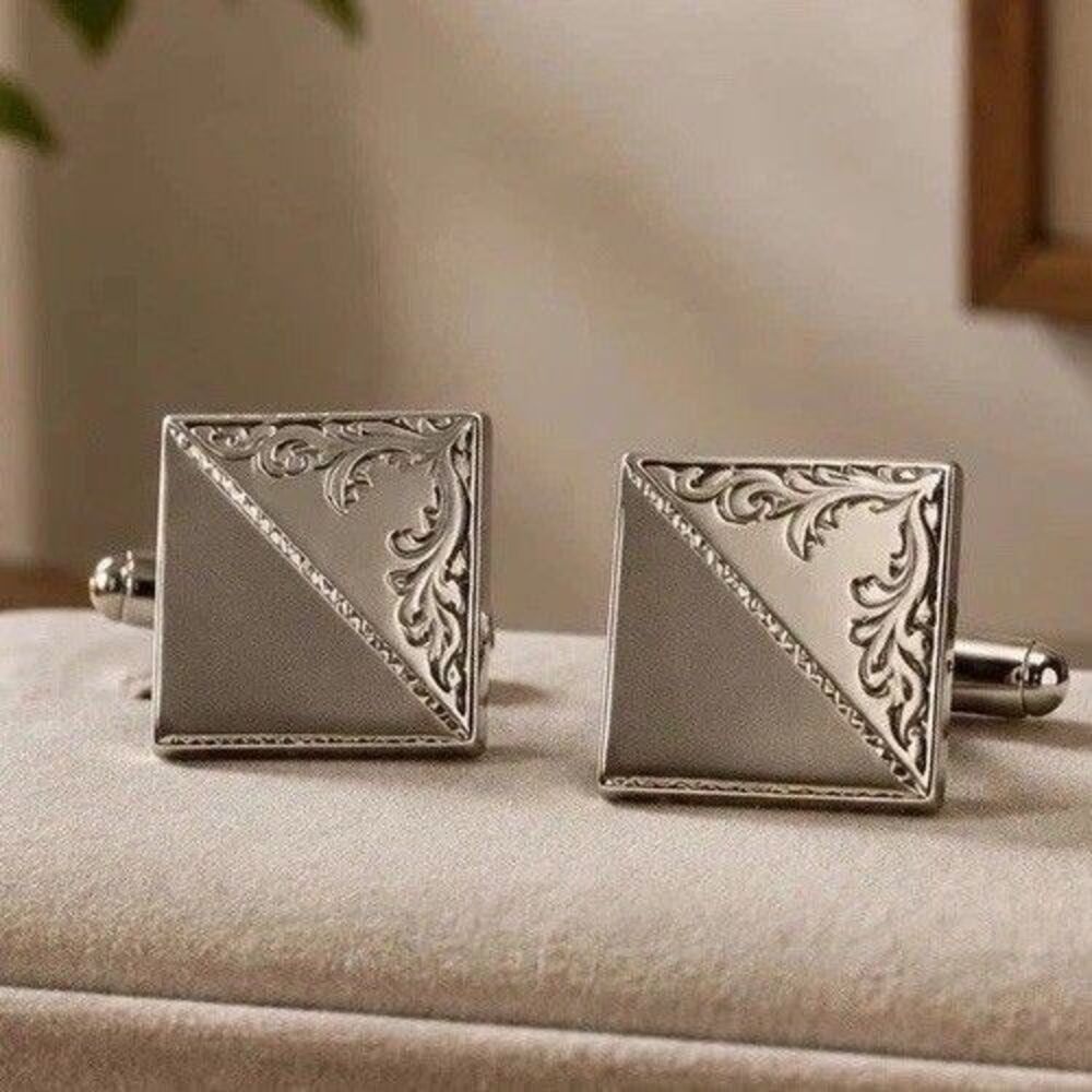 Vintage Kreisler USA Silver Plated Engraved Square Cufflinks Men’s Formal Style